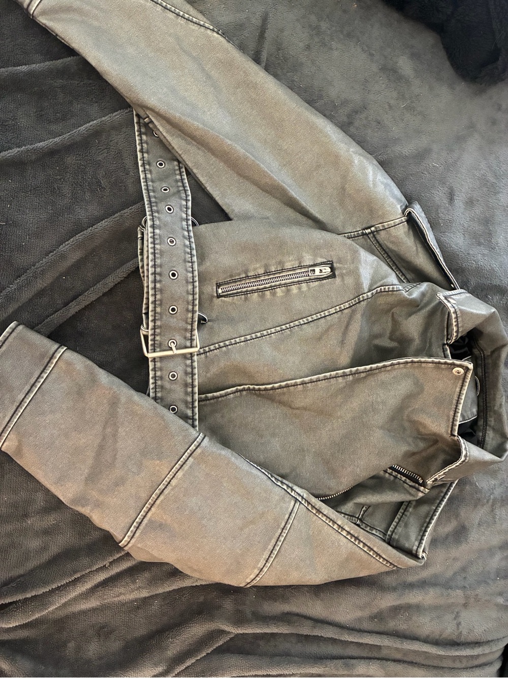 Woman’s Washed Gray Biker Jeans Jacket with Belt